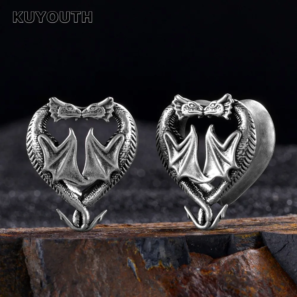 

KUYOUTH New Copper Double Dragon Heart-shaped Ear Tunnels Plugs Gauges Earring Piercing Body Jewelry Expanders 8mm-25mm 2PCS