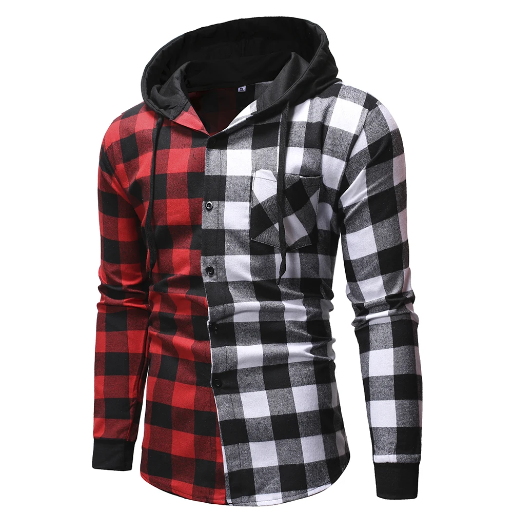 2022 New Style Men's Spring and Autumn Plaid Shirt Casual Hooded Matching Color Long Sleeve Shirt