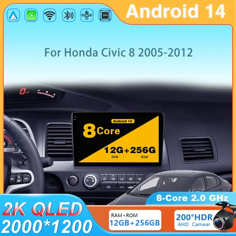 10 "Android 14 Carplay автомобильное стерео радио для Honda Civic 8 2005-2012 мультимедийный плеер навигация GPS 2 Din 4G аудио DVD 4G