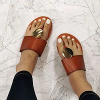 2022 large size women slip on slippers summer beach shoes leather outdoor woman modern slides open toe flat women metal slipper