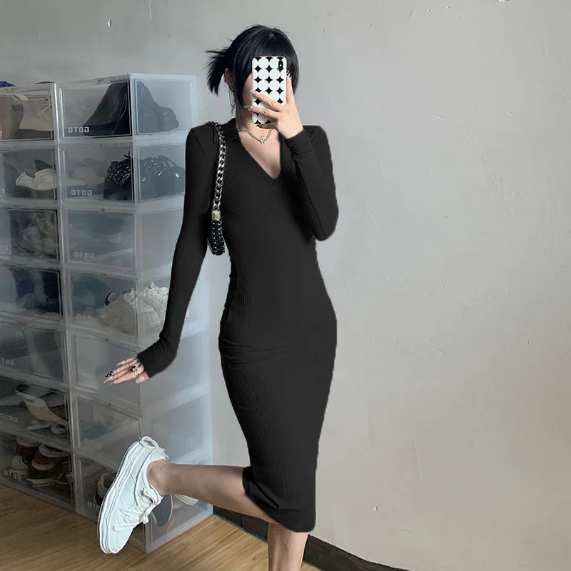 

Long Sleeve Women Dress Spring and Summer Mid-length V-neck Sexy Tight Dresses Korean Fashion Black Dress