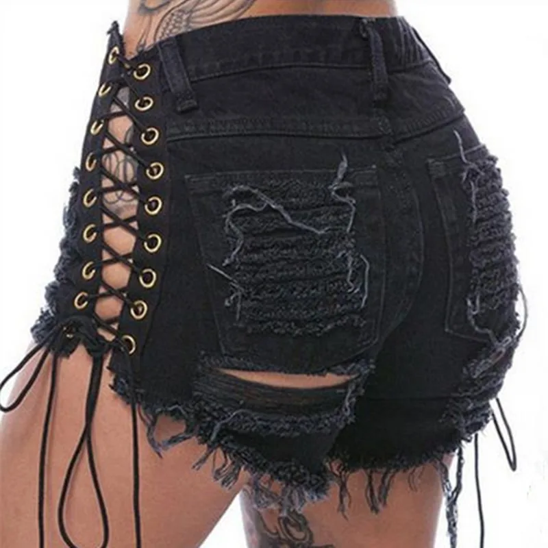 Black Denim Shorts Women Lace Up Casual Pocket Jeans Shorts 2023 Plus Size Summer Sexy Ripped Hole Fringe Gothic Bandage Jeans