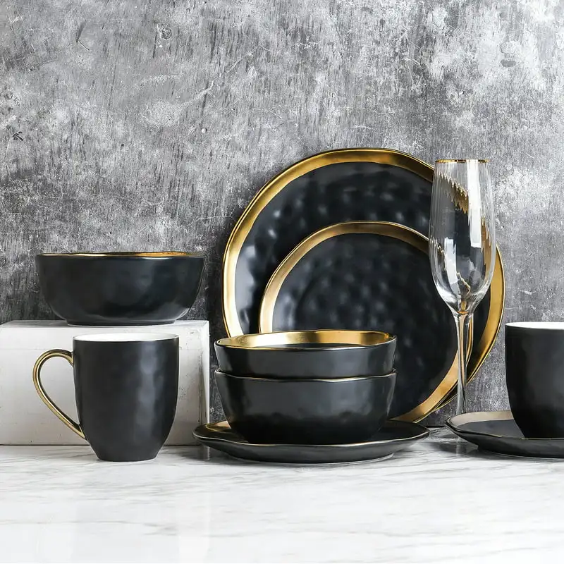 

Lain Florian Modern Porcelain Dish Set, 16-Piece Dishes for 4, Gold and Black