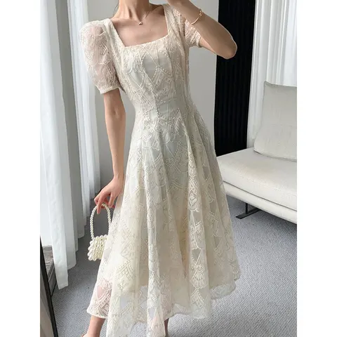 French Long Dresses for Women Square Collar Party Formal Occasion Elegant Summer 2023 New Clothes Female Midi Dress