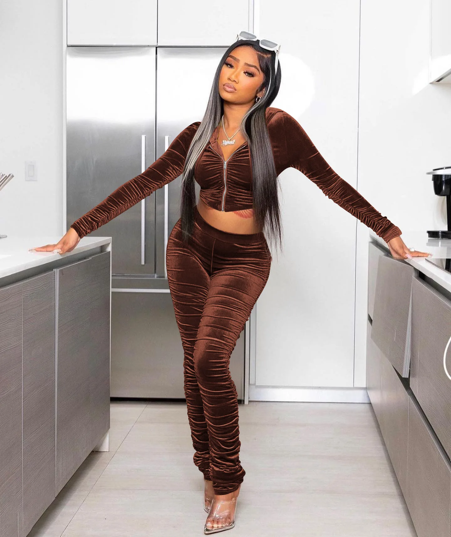 

Бархатный спортивный костюм с многослойным рисунком, Женский комплект, куртка на молнии и штаны, уличная одежда, спортивный костюм, комплек...