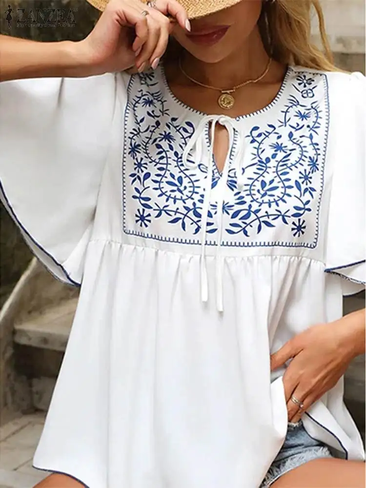 

ZANZEA Fashion V-neck Tops Women Summer Flare Sleeve Blouse 2023 NEW Elegant Stitching Floral Printing Tunic Casual Pleats Shirt