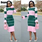 Женское трикотажное платье миди в рубчик, Осеннее облегающее платье в полоску с расклешенными длинными рукавами для офиса, одежда для работы, 2 предмета