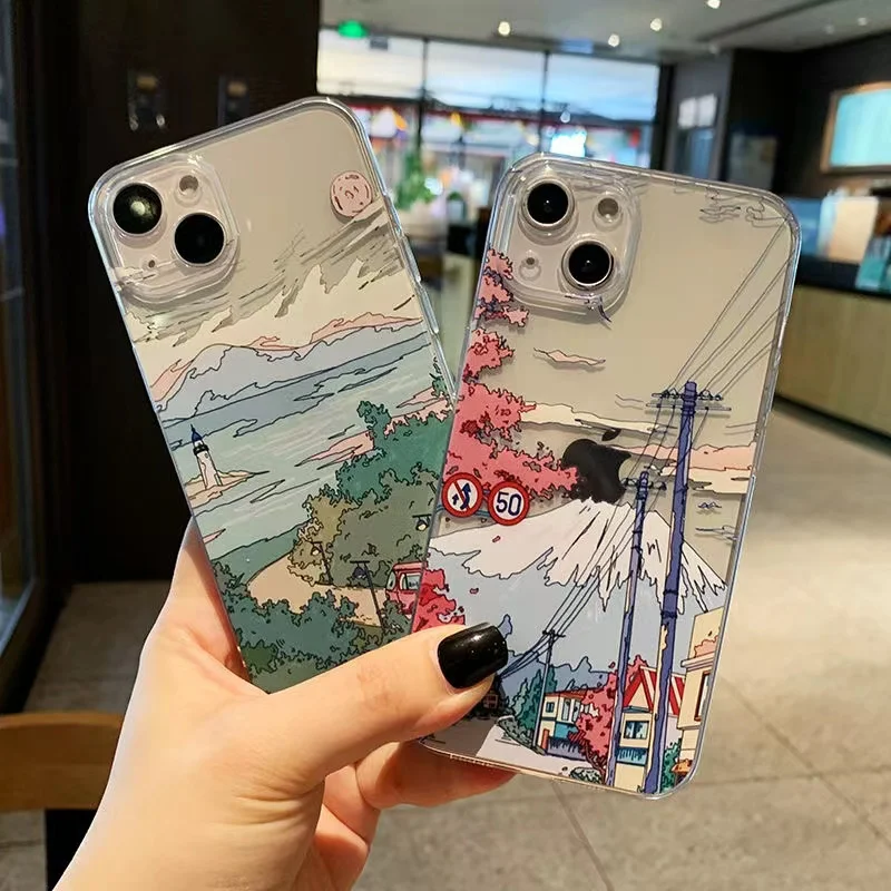 

Mout Fji Lanscape Oil Painting For iPhone 13 12 11 Pro Mini X XR XS Max SE2 6 6S 7 8 Plus Clear Phone Case Soft Cover funda