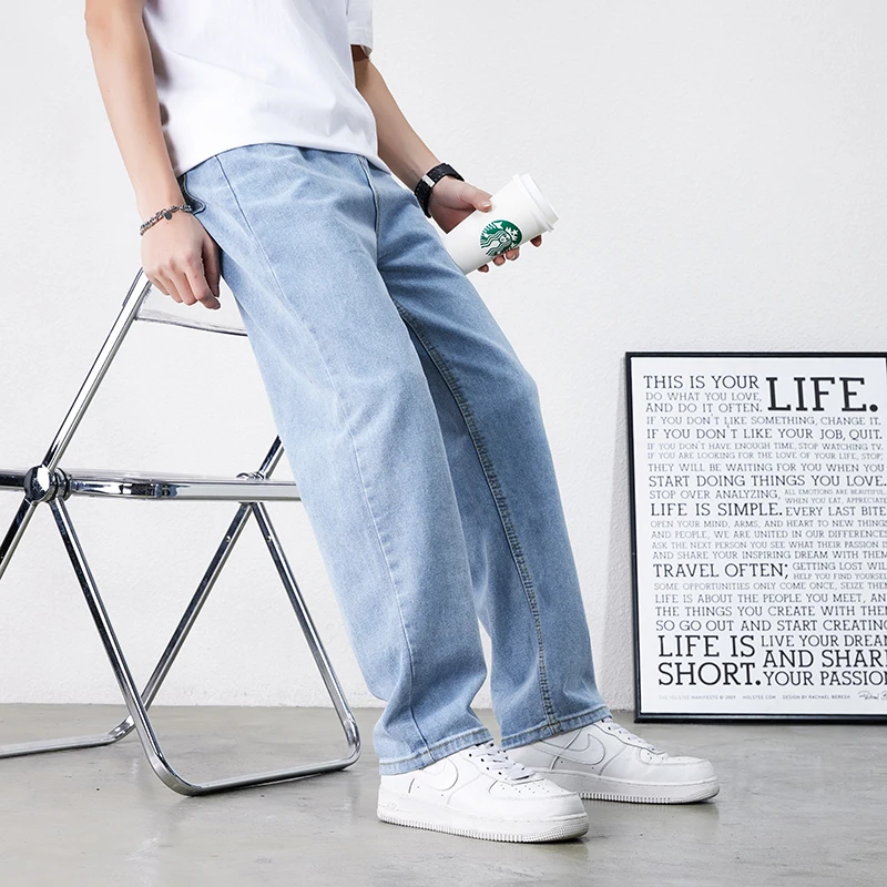 

Мужские прямые джинсы до щиколотки, однотонные Дышащие длинные брюки, повседневные удобные уличные повседневные большие брюки, 2022