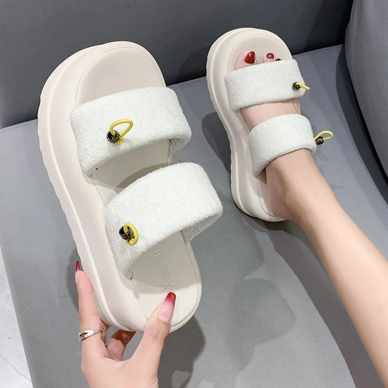 

Female Shoes Lady House Slippers Platform Women Heels Slides 2023 Girl High Flat Summer Microfiber Bonded Leather Rubber PU