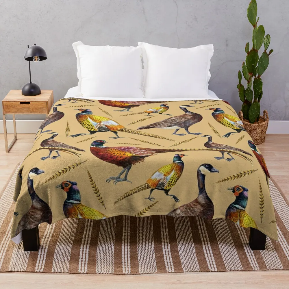 

Vintage brown orange colorful pheasant birds pattern Throw Blanket Anti-pilling flannel microfiber blanket
