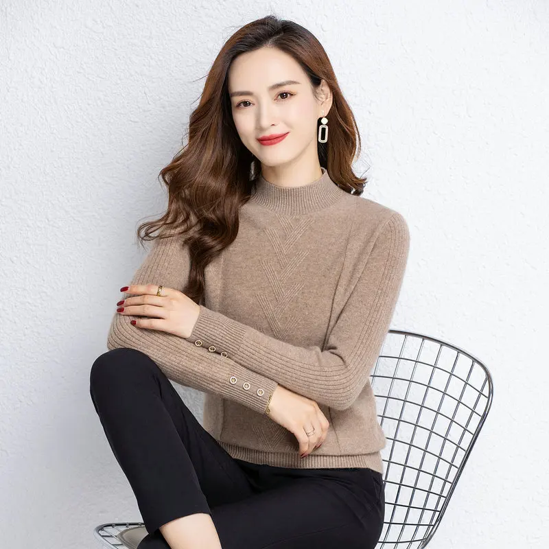 Minimalist Style Women Cashmere Wool Sweaters White Red Black Brown Pullover Jacquard Knitwear Mock Neck Design Sheep Wool Tops enlarge
