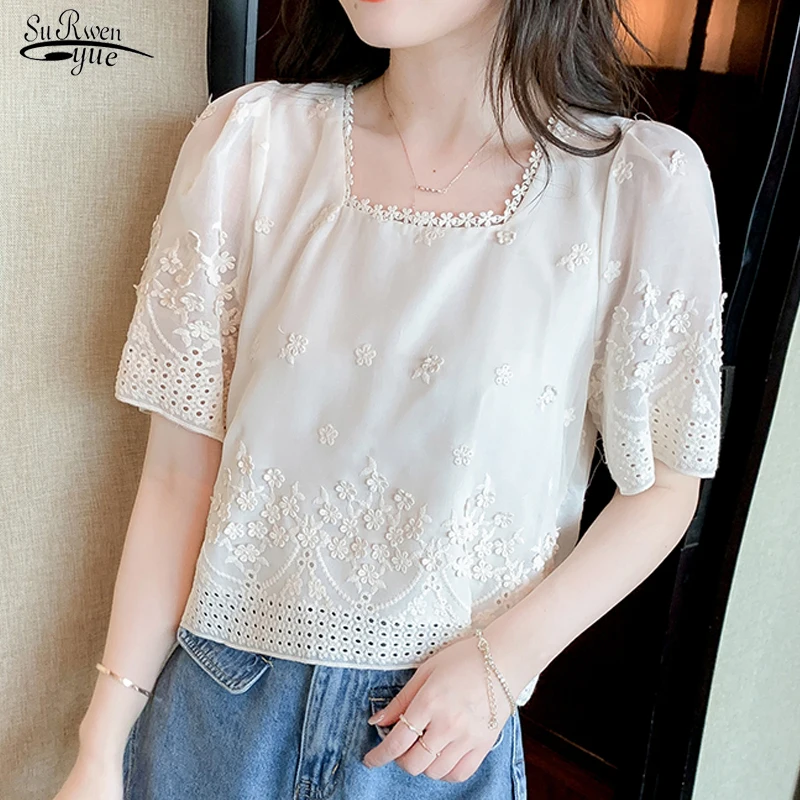 

2023 Summer Korean Clothes Embroidered Hollow Blouse Women Chic Square Collar Tops Vintgae Short Sleeve White Shirt Blusas 21533