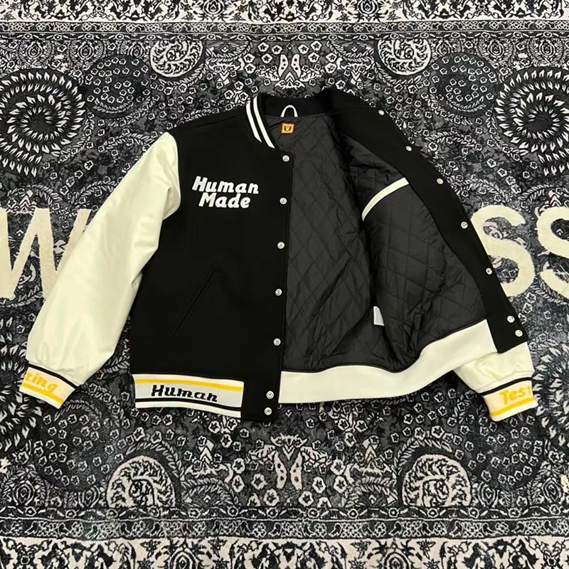 Human Made Baseball Jackets Embroidered Leather Sleeve Men Women 1:1 Vintage HUMAN MADE Jackets