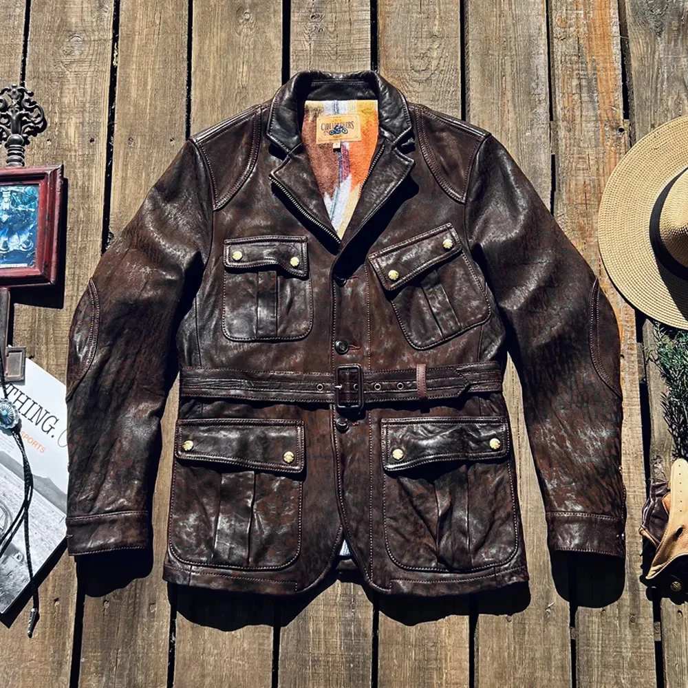 

YR!Free shipping.Cidu brand.Luxury genuine leather jacket.Vintage Brown hunting clothes.Men slim rider sheepskin safari coat,