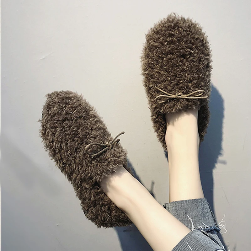 Women Loafers Home Warm Plush Fluffy Curly Sheep Fur Flats Mocasines Mujer Lambswool Winter Cotton Shoes