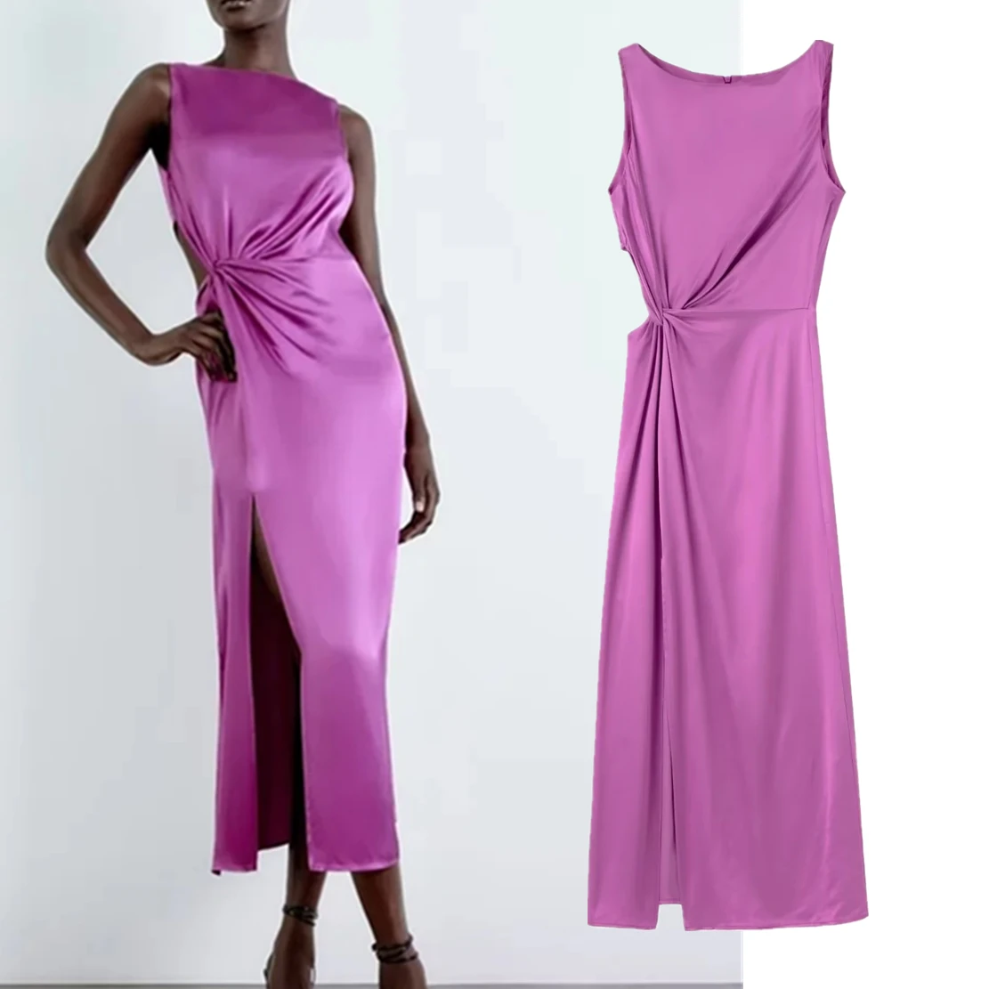 

Maxdutti French Style Fashion Dress ELegant Purple Sexy Hollow out Of Size Satin Midi Tank Dress Women