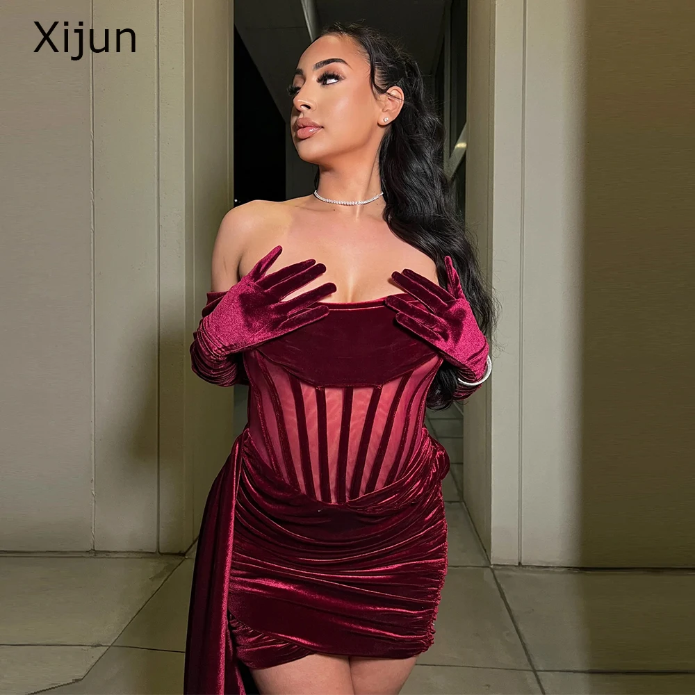 

Romantic Velvet Sexy Evening Dress Strapless Mini Prom Gowns See-Thru For Black Girls Special Occasion Plus Size Prom Dress2022