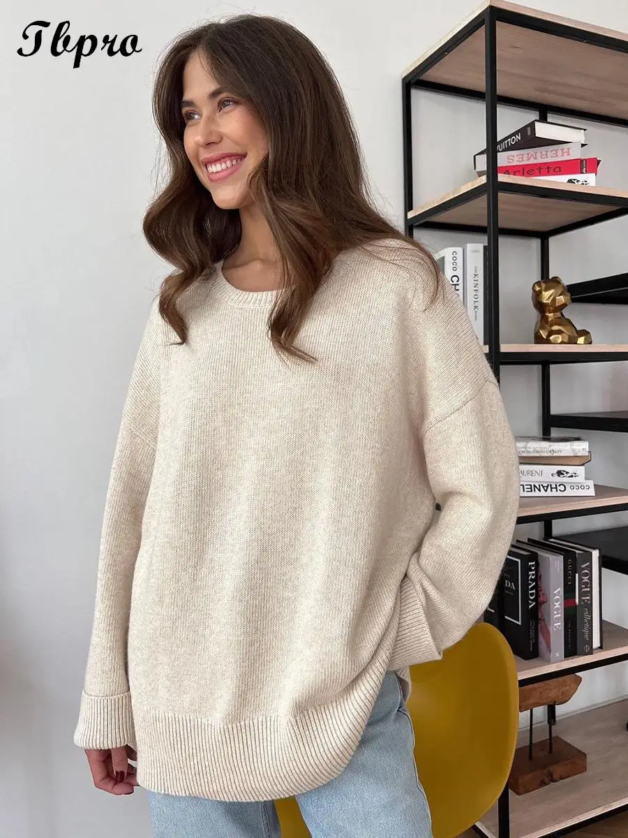 

Fashion O Neck Solid Pullover Sweater Women Elegant Loose Long Sleeve Knitted Tops 2023 New Autumn Winter Female Warm Streetwear