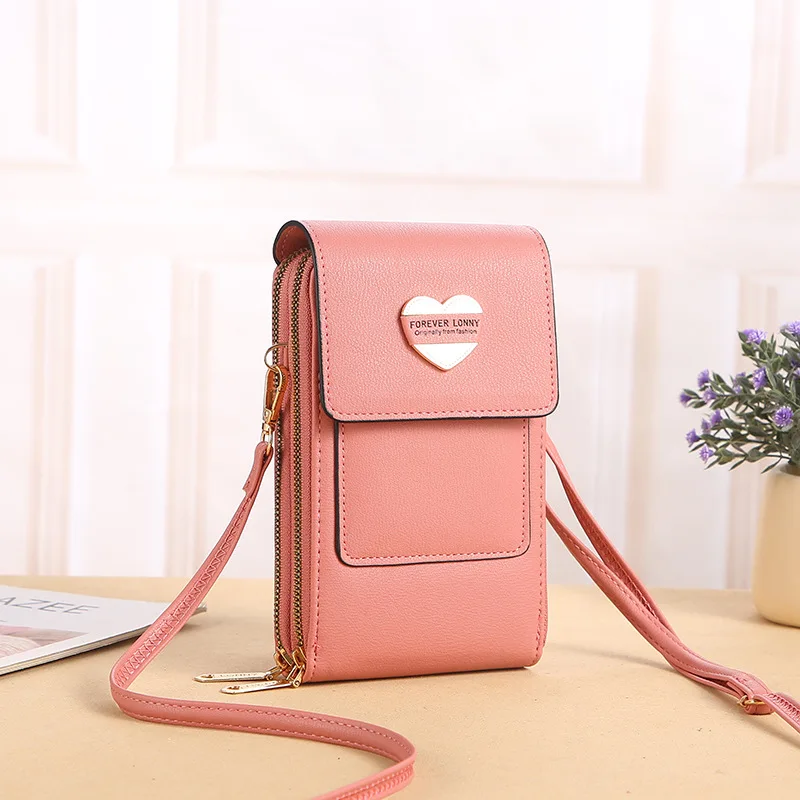 Women's Bags Soft Love Hearts Wallets Touch Screen Mobile Phone Pouch Crossbody Shoulder Handbag for Female Cheap Purse Leather