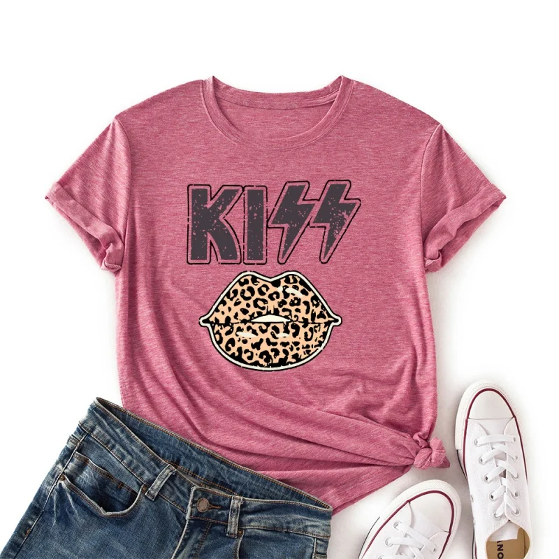 

Loose casual short-sleeved women's leopard print lips round neck short-sleeved T-shirt women's tops with large yards