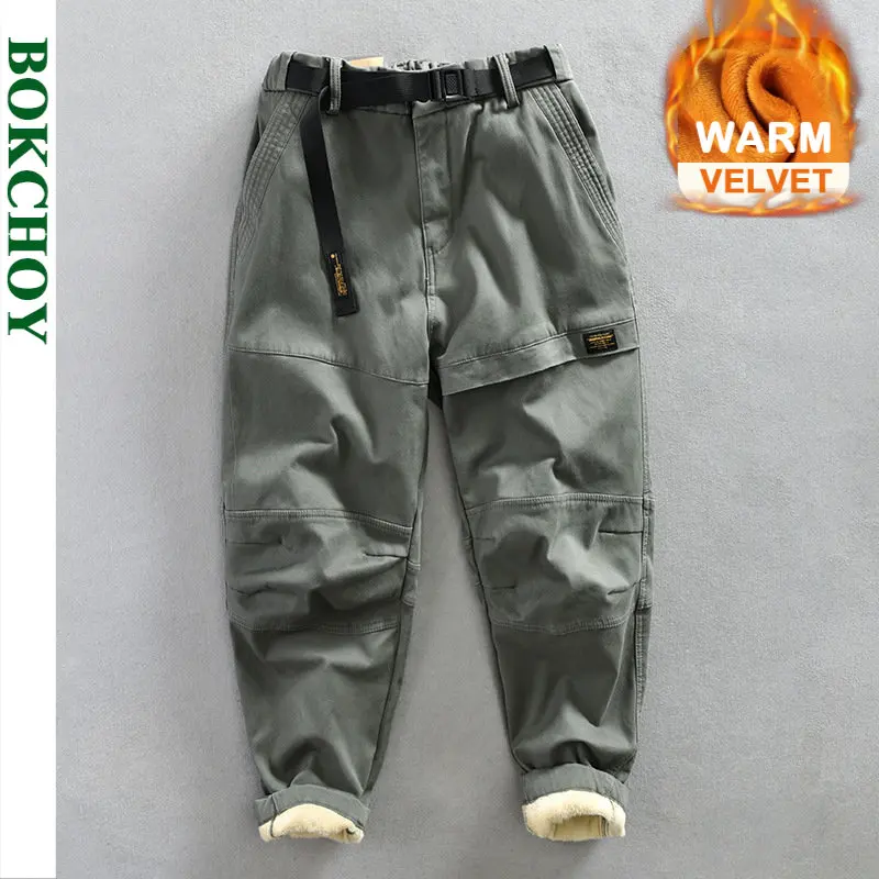 

2022 Autumn Winter New Men's Cargo Velvet Pants Loose Belt Comfortable Soft Cotton Multi Pockets Retro Street Trousers AZ381