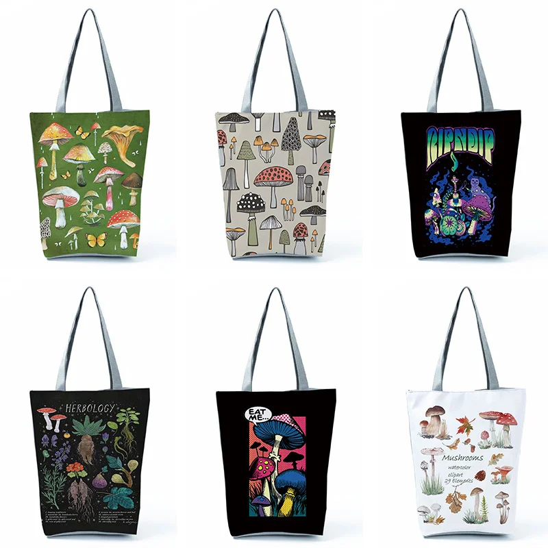 

Mushroom Printed Shoulder Bag Girls Eco Reusable Shopping Bag Female Pattern Handbags Women Floral High Capacity Canvas Tote