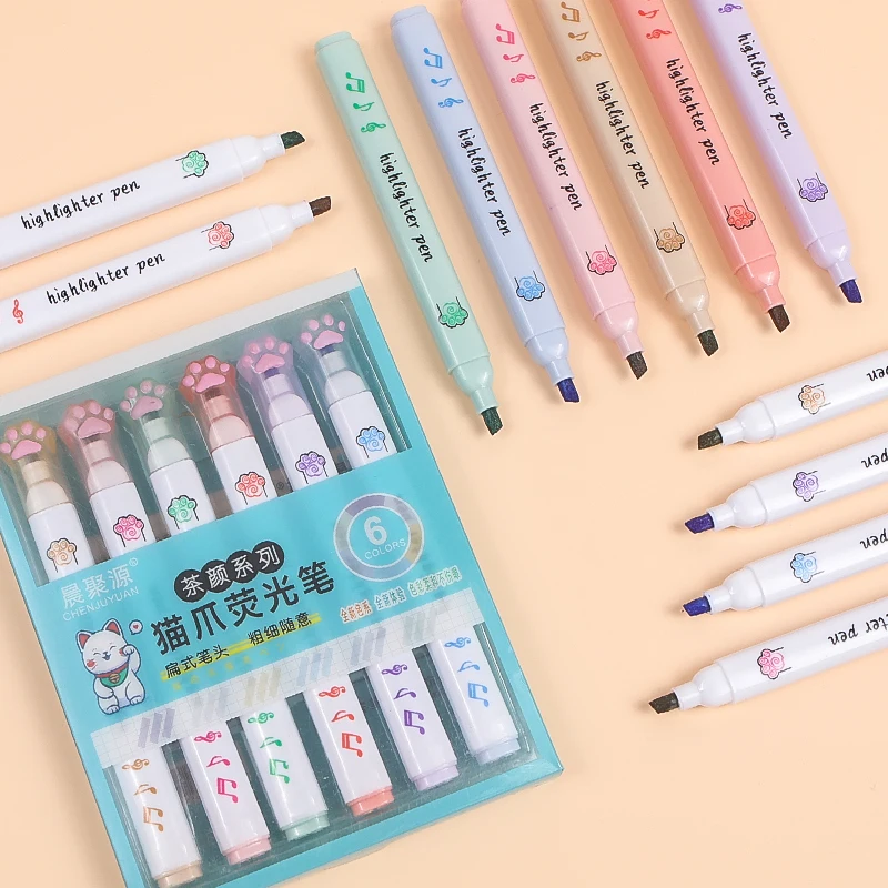 

6pcs Cartoon Cute Paw Highlighter Pens Set Lovely Cat Claw Soft Brush Marker Spot Liner Drawing Paint Office School F7170