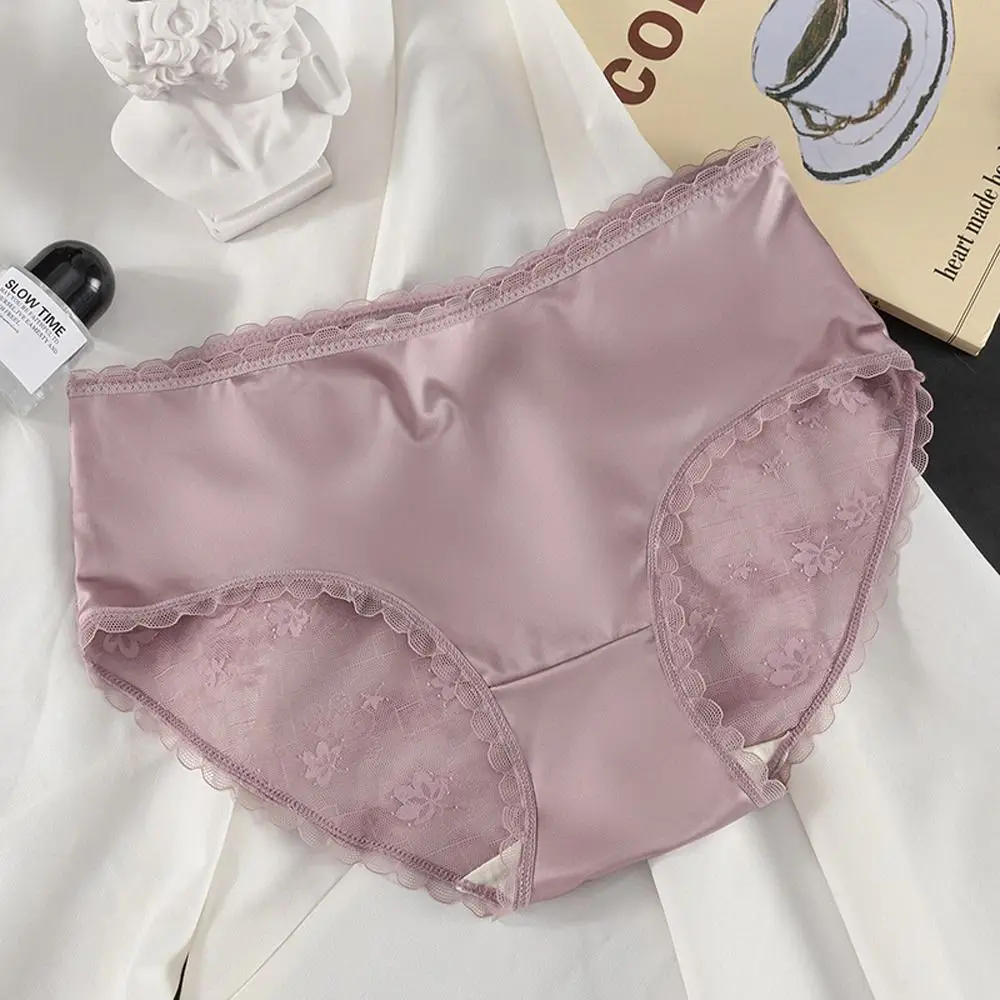 

Fashion Seamless Hollow Out Solid Color Mid Waist Soft Lace Briefs Women Underwear Underpants Satin Panties