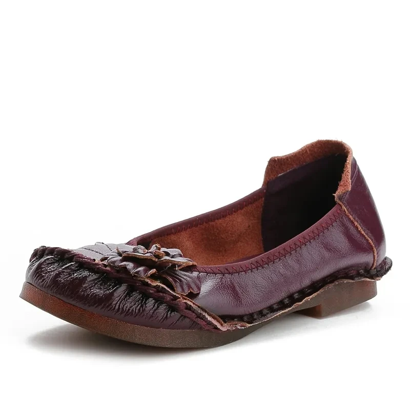 Genuine Leather Summer Shoes Woman Casual Breathable Flats Ladies Ethnic Style Floral Shoes Plus Size 42 Mom Shallow Loafers