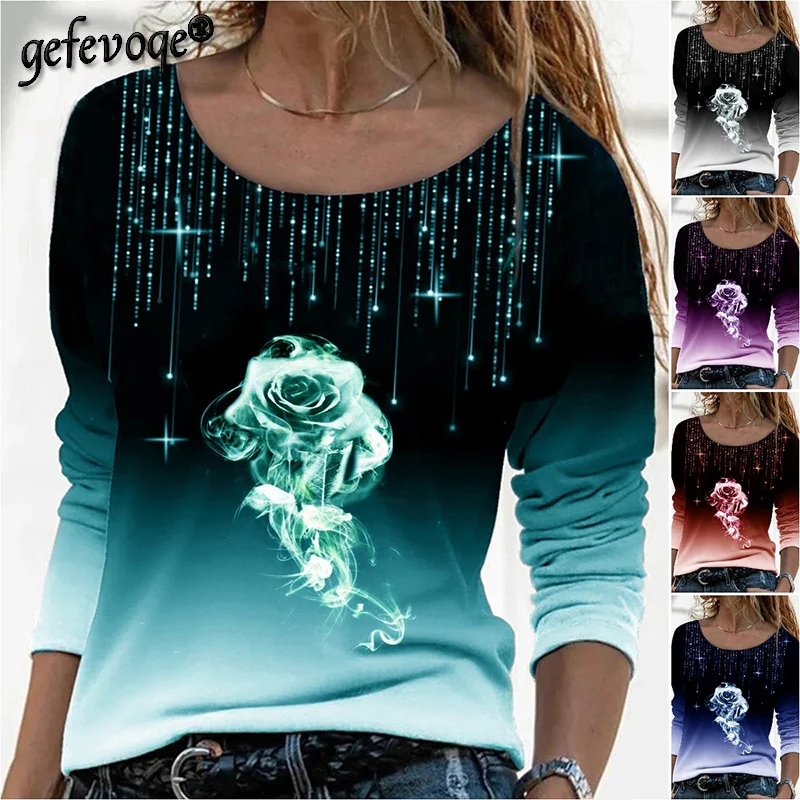Spring Autumn Rose Floral Print T-shirt Women O Neck Long Sleeved Tshirt Harajuku Vintage Tops Loose Casual Pullovers Lady Tees