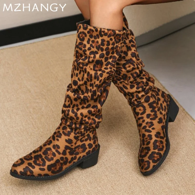 Женские замшевые высокие сапоги с леопардовым принтом женские туфли до колена на