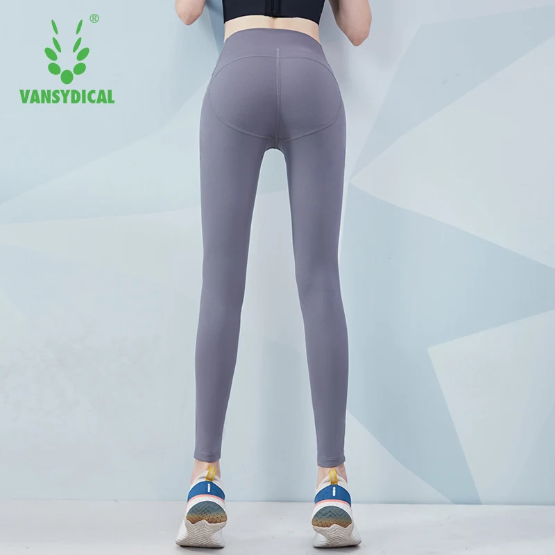 

VANSYDICAL Yoga Pants Women Solid Compression Running Tights High Waist Training Sport Gym Workout Legging Female Polyester