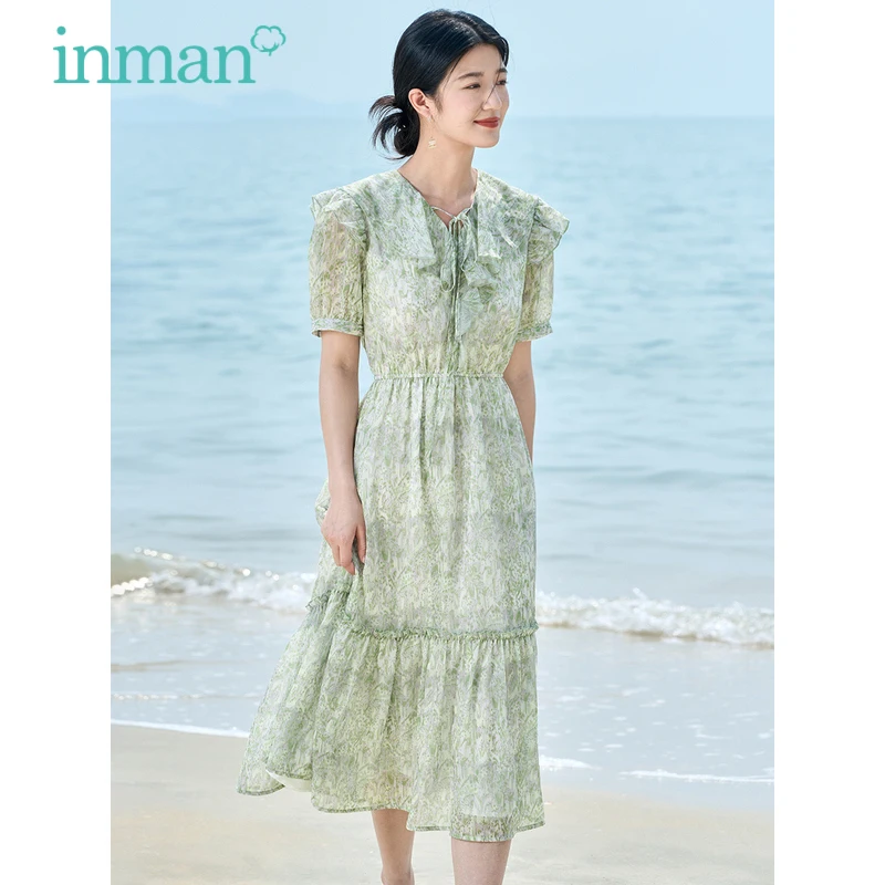 INMAN Women Dress 2023 Summer Short Sleeves Ruffle V Neck A-shaped Floral Print Lace Up Design French Romantic Skirt