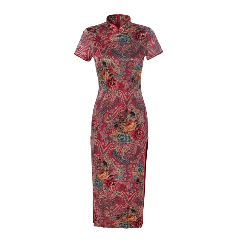 Традиционное китайское классическое длинное платье-Ципао тонкое сатиновое