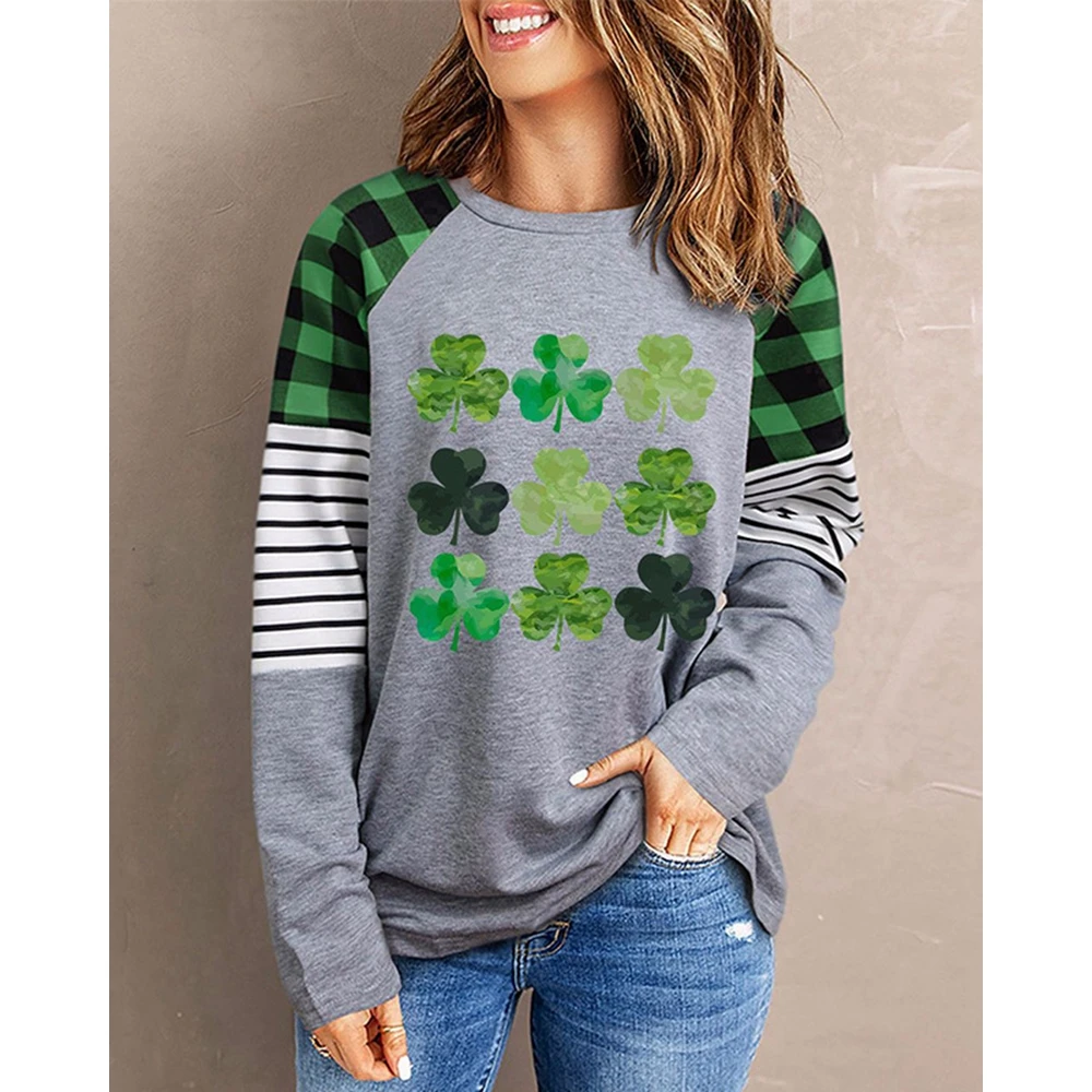 

Spring Women Plaid Clover Print Long Sleeve Sweatshirt Top Fashion Autumn Femme O Neck Casual Pullover Lady Steetwear T Shirt