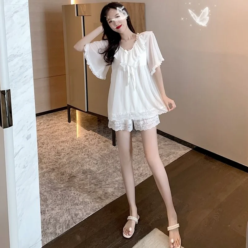 Pajama Sets Women Korean Kawaii Simple Lace Female Fashion Chic Soft Ulzzang Nightwear Basic V-neck Summer Girls Thin Clothing