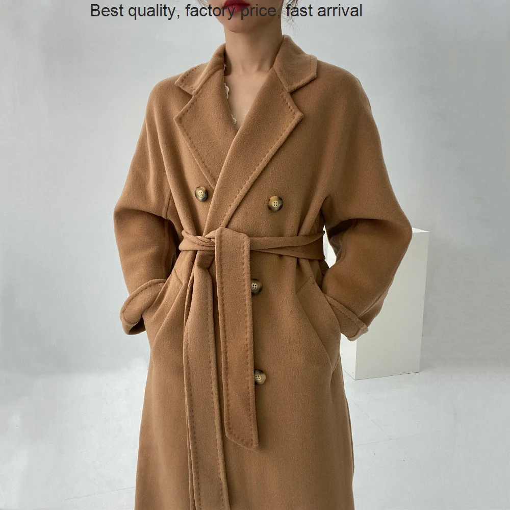 

Высококачественное роскошное Брендовое двустороннее женское кашемировое Классическое однотонное двубортное тонкое шерстяное пальто