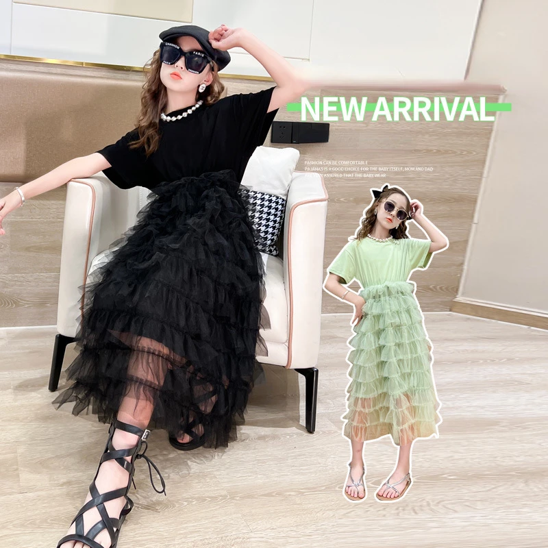

Summer Mesh Dress for Girls Patchwork Layered Kids Princess Dress Short Sleeve Casual Teen Chilren Costumes 13 14 Years Clothing