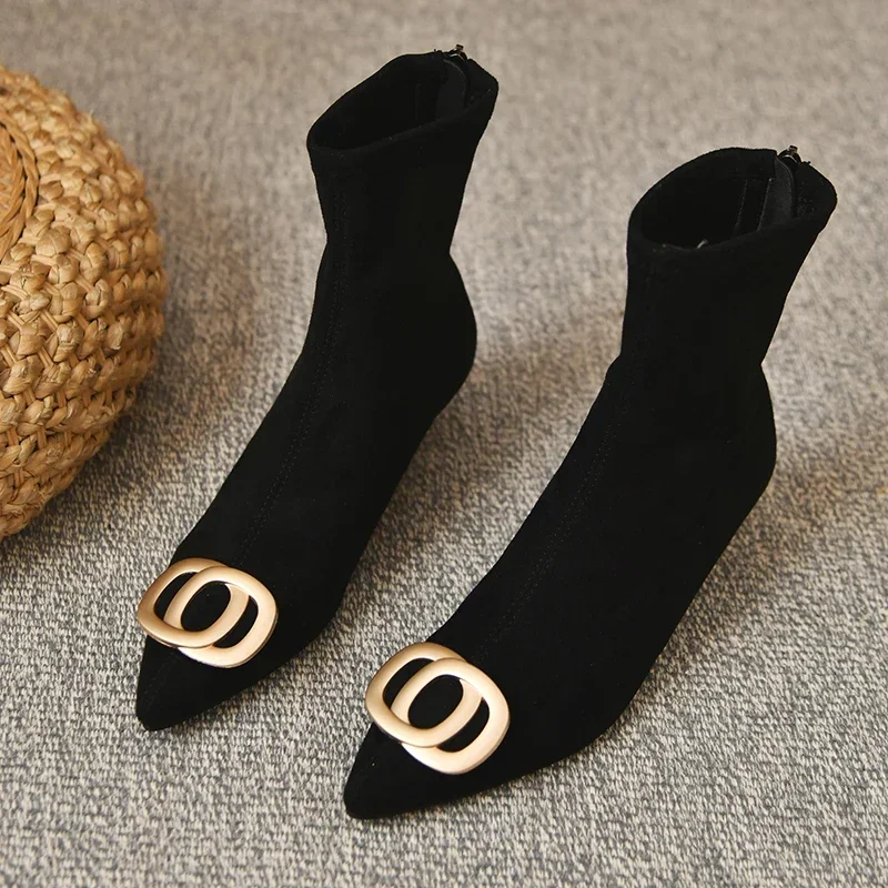 Женские эластичные тонкие ботинки на высоком каблуке с острым носком модные