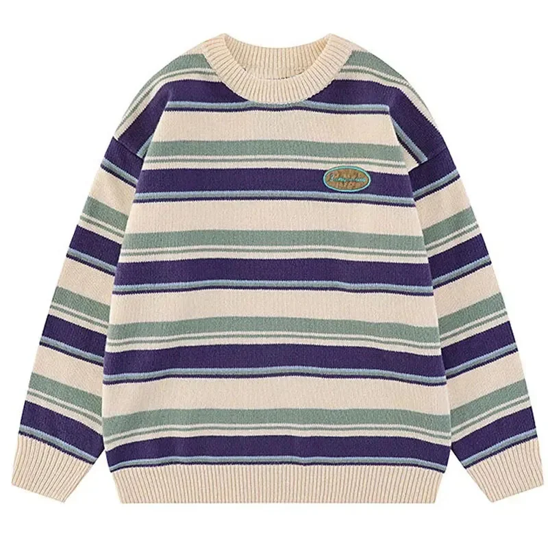 

Japanese Splice Work Stripe Sweater Men's Knitted Sweater 2023 New Vintage Harajuku over Knitted Embroidery Knitted Sweater
