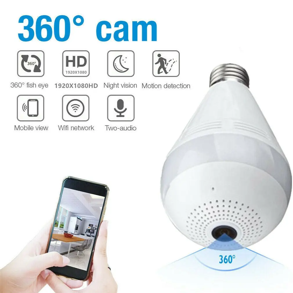 HD Wifi Mini Camera 360 VR Panoramic Fisheye LED Light Bulb Light Panoramic Home Security WiFi Fisheye Bulb Lamp Camera V380