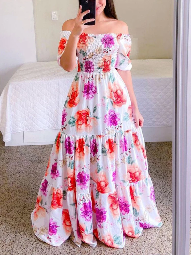 

2022 Summer Women Loose Slash Neck Strapless Party Dresses Casual Ladies Long Dress Elegant Butterfly Printing Draped Maxi Dress