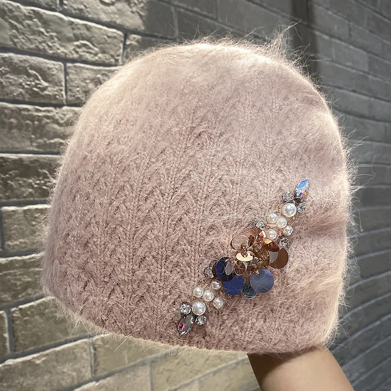 

202210-2509411 dropshipping winter Angora rabbit warm knitting Rhinestone pearl fork brim cool hat lady Skullies Beanies cap