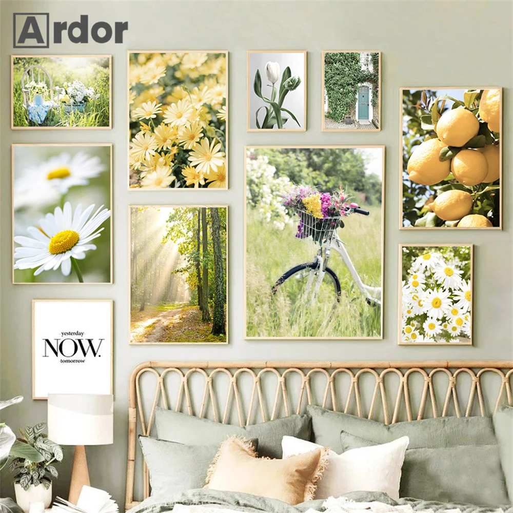 

Spring Nature Landscape Wall Poster Daisy Canvas Painting Lemon Art Prints Bike Posters Nordic Wall Pictures Living Room Decor