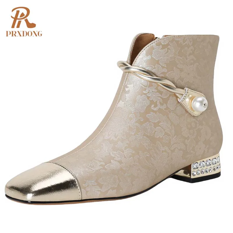 PRXDONG/Новые модные женские ботильоны из кожи с кристаллами на низком квадратном