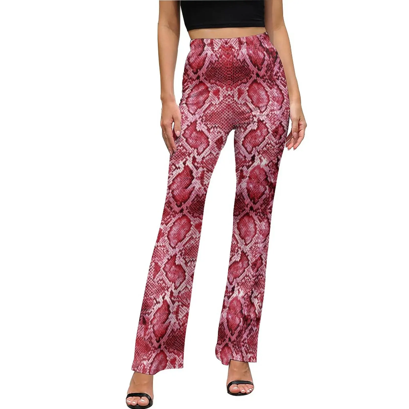 

Pink Snakeskin Casual Pants Ladies Animal Python Print Slim Fit Streetwear Flare Pants Summer Home Graphic Trousers