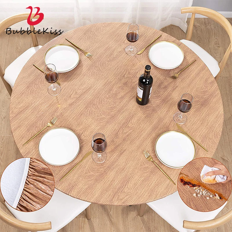 

Bubble Kiss Vinyl Fitted Round Tablecloth Wood Color PVC Tablecloth Waterproof Oil-proof Nordic Plastic Tablecloth Picnic Cloth