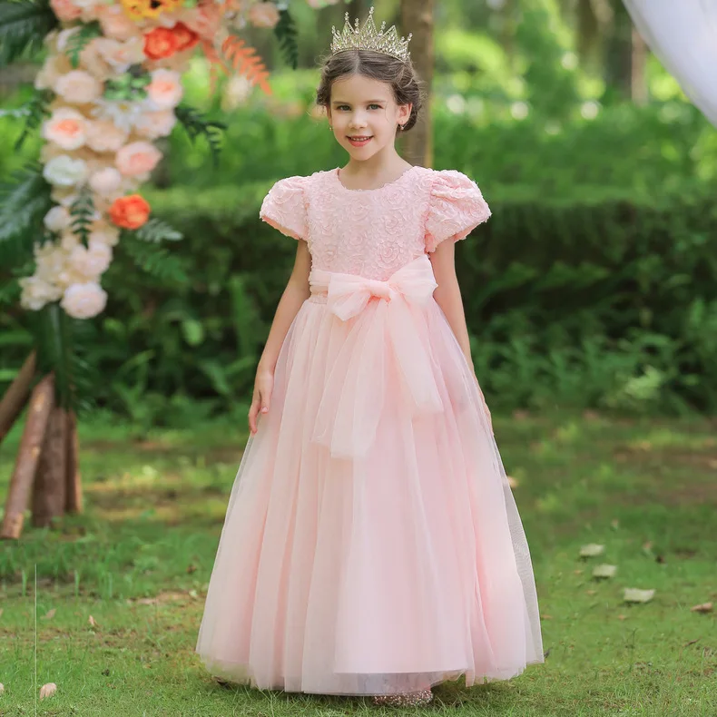 

Girl Piano Show Princess Dress 110cm-160cm Girls Christening Flower Costume Wedding Short Puff Sleeve Ball Gown