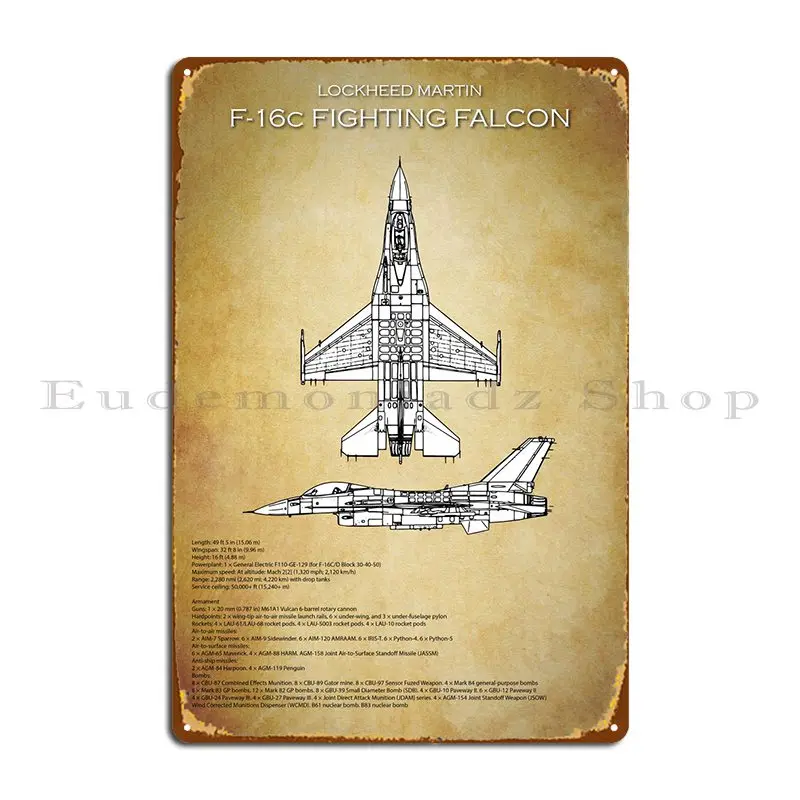 

F-16 Fighting Falcon Technical Specs Metal Sign Club Party Decoration Garage Create Bar Tin Sign Poster